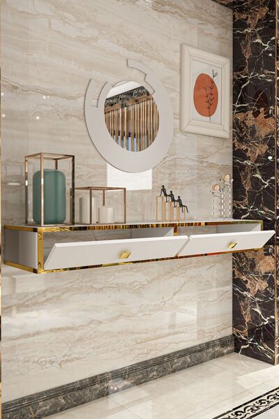 Givayo Mobilya Ada Duvara Monte Dresuar 120 Cm Altın Bantlı Beyaz