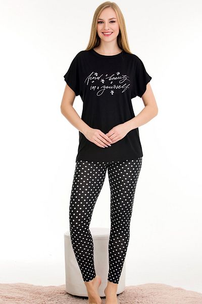 Jenny Daphne Jambiere de damă din țesătură de viscoză cu buline - Set de pijama de tricou cu mânecă scurtă cu decolteu rotund 12565