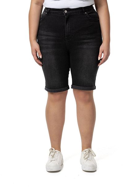 DISENTIS MODEST Large Size Folded Leg - Black Denim Shorts with Five Pockets