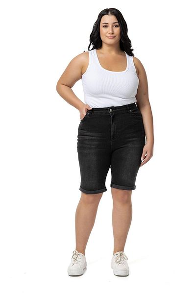 DISENTIS MODEST Large Size Folded Leg - Black Denim Shorts with Five Pockets