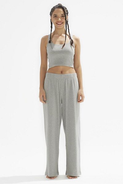 Comm-Ci Marigold Gray Ribbed Organic Cotton Elastic Waist Comfortable Cut Trousers