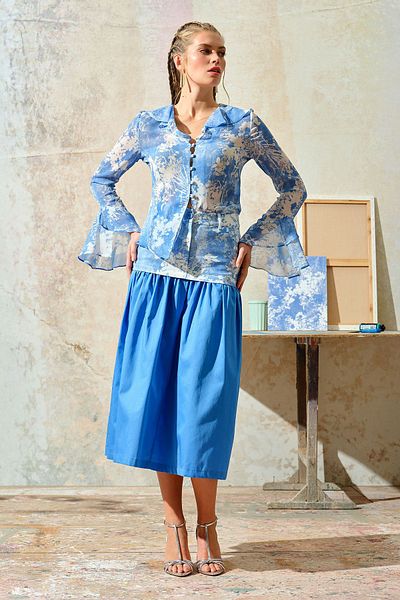 UPGRADE Blue Floral Patterned Flounce Blouse