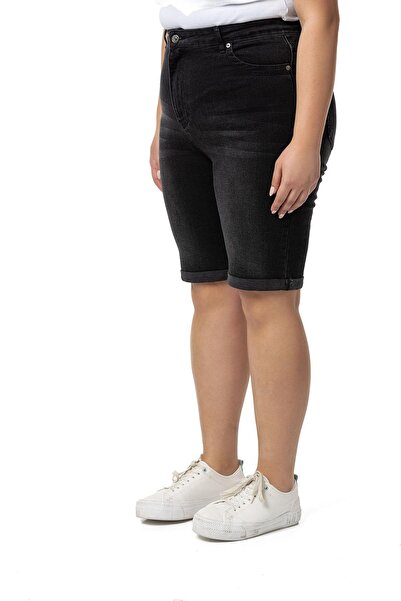 DISENTIS MODEST Large Size Folded Leg - Black Denim Shorts with Five Pockets