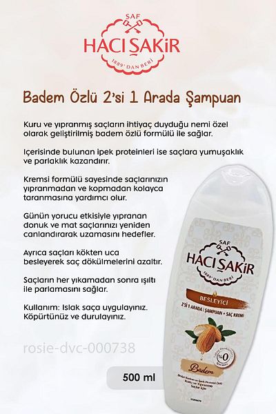 Hacı Şakir 500 ml Hacı Şakir Almond 2 in 1 Shampoo Nourishing - ROSIE