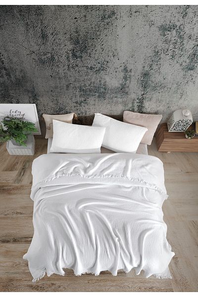destinyhometex Cuvertură de pat albă cu 4 straturi muselină multiplă 100% bumbac 240x260 cm King Size