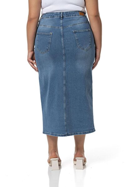 DISENTIS MODEST Plus Size Midi Denim Skirt - Front Slit and Five Pockets, Light Blue