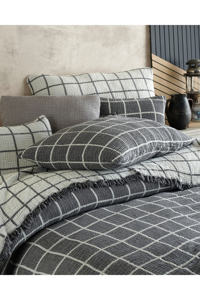 destinyhometex Gri Kareli Battal Boy 240x260cm Yatak Örtüsü/2 Adet 50x70cm Yastık 4 Katlı Multi Muslin %100 Pamuk