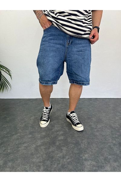 Oliggopol Ανδρικό τζιν σορτς μπλε Premium Baggy Fit Capri Comfortable Fit τζιν σορτς