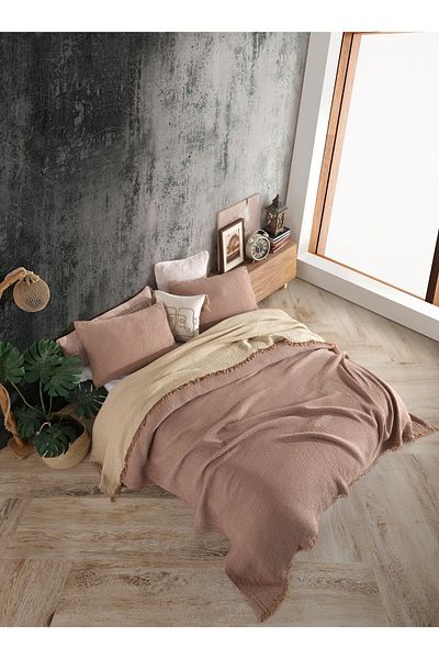 destinyhometex Кафява калъфка за легло King Size 240x260 см/2 броя 50x70 см, 4-слойна, многослойна, муселин, 100% памук