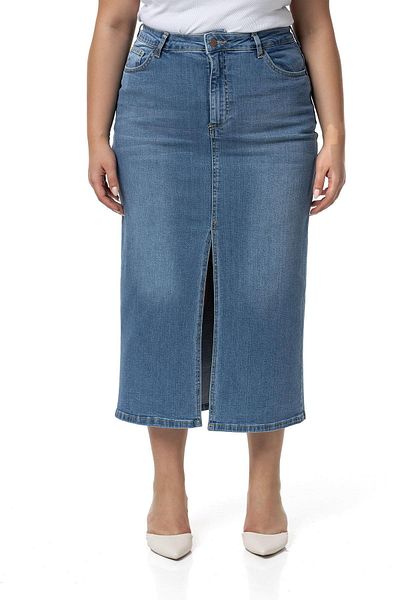DISENTIS MODEST Plus Size Midi Denim Skirt - Front Slit and Five Pockets, Light Blue