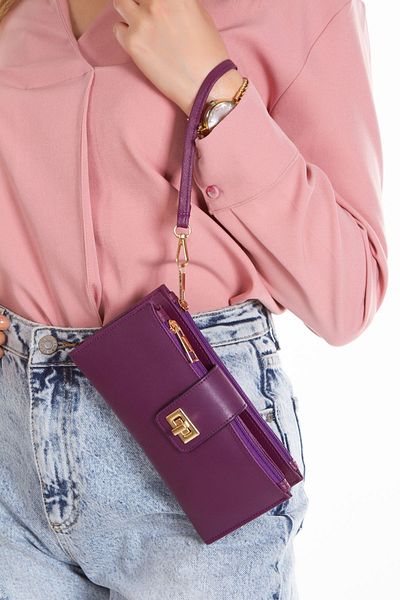NEWISH POLO ACCESSORIES Women's Purple Vegan Leather Wallet with Phone Compartment and Wrist Strap Card Holder Portfolio