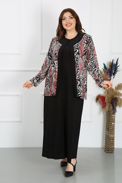 YASEŞA BUTİK Mother Women - Young Plus Size Beaded Collar Colored Jacket Dress Set