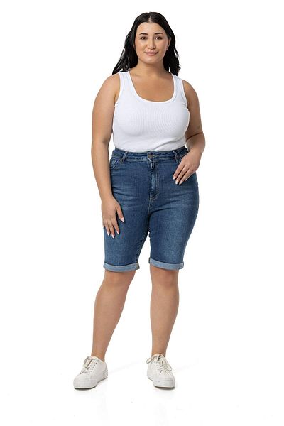 DISENTIS MODEST Plus Size - Denim Blue Shorts with Folded Legs and Five Pockets