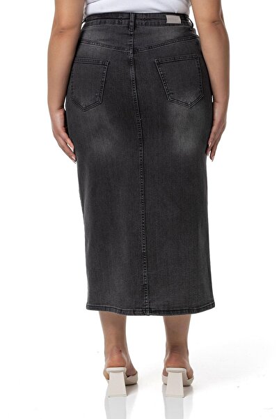DISENTIS MODEST Anthracite Midi Denim Skirt - Plus Size, Front Slit and Five Pockets