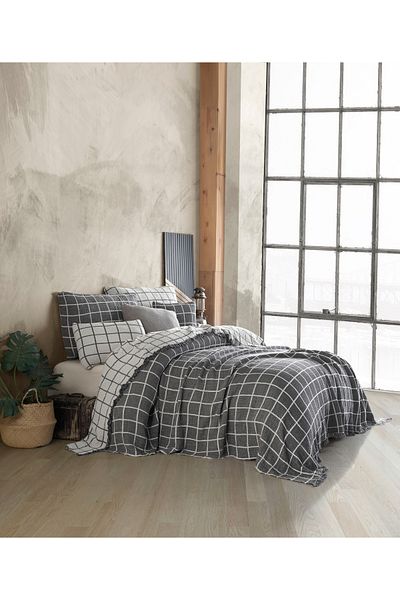 destinyhometex Gray Checkered 4 Layer Multi Muslin 100% Cotton Oversize Bedspread 240X260 cm Oversize