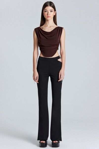 boutiquen 2494 Offset Collar Side Gathered Brown Blouse