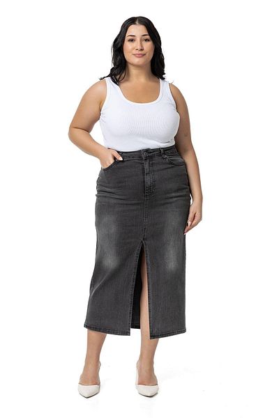 DISENTIS MODEST Anthracite Midi τζιν φούστα - Plus Size, μπροστινό σκίσιμο και πέντε τσέπες