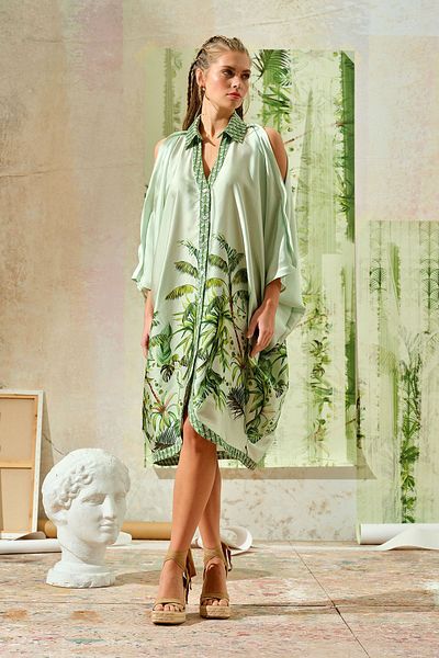 UPGRADE Rochie verde cu mâneci liliac cu imprimeu tropical