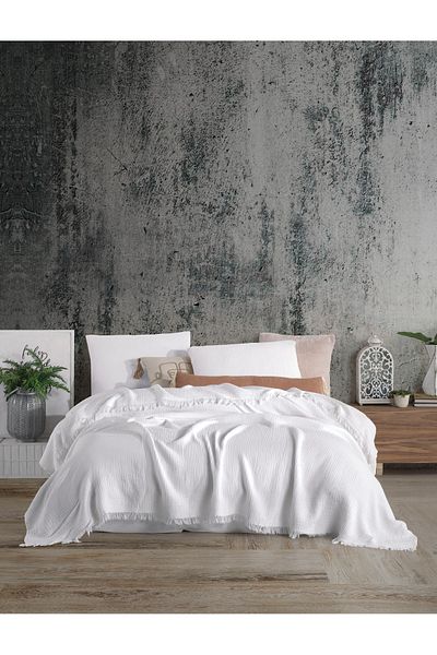 destinyhometex Cuvertură de pat albă cu 4 straturi muselină multiplă 100% bumbac 240x260 cm King Size