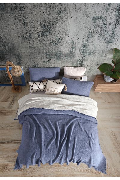 destinyhometex Indigo King Size 240X260Cm Bedspread/2 Pieces 50X70Cm Pillow 4 Layer Multi Muslin 100% Cotton