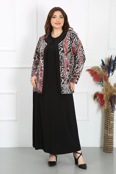 YASEŞA BUTİK Mother Women - Young Plus Size Beaded Collar Colored Jacket Dress Set