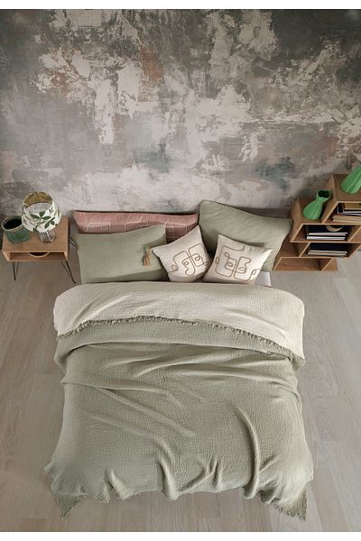 destinyhometex Sage Green King Size 240X260Cm Bedspread/2 Pieces 50X70Cm Pillow 4 Layers 100% Cotton