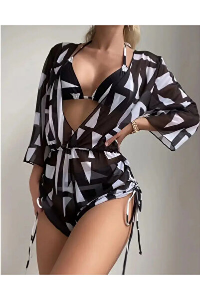 GJOB 2025 Seri Şık Havuz Başı Plaj Seti Deniz 3 Lü Set Medium Siyah Beyaz Bik...