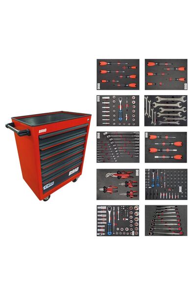 BRIO Hareketli Tekerlekli Takım Dolabı Takım Arabası 6 Çekmeceli Kilitli Xl 256 Parça Kırmızı Dolu