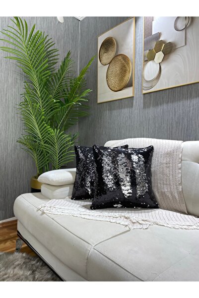 Paris Life Pullu Payetli Kırlent Kılıfı Kare ( Çift Yönlü ) - Siyah & Gümüş -...