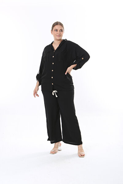 XL Modam Large Size Black Mesh Detailed Long Sleeve Folded Suit