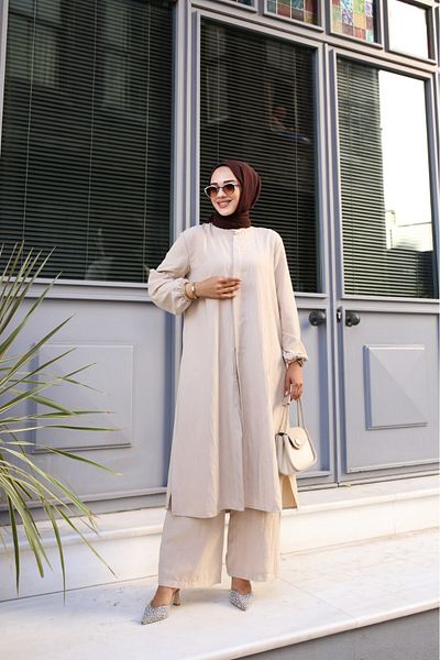 Tesettür Diyarı Σετ παντελονιού Lizza Beige Long Tunic - Ύφασμα νηπιαγωγείου, Πλαϊνό σχιστό