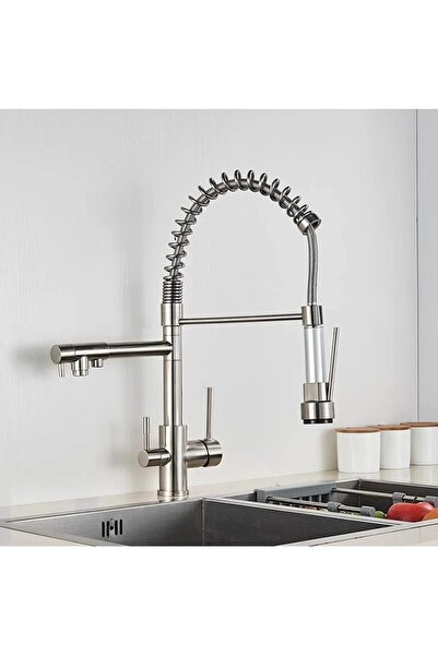 OEM صنبور حوض المطبخ، مخرج تنقية مياه مزدوج التدفق، لولبي ونابض، نيكل مستورد