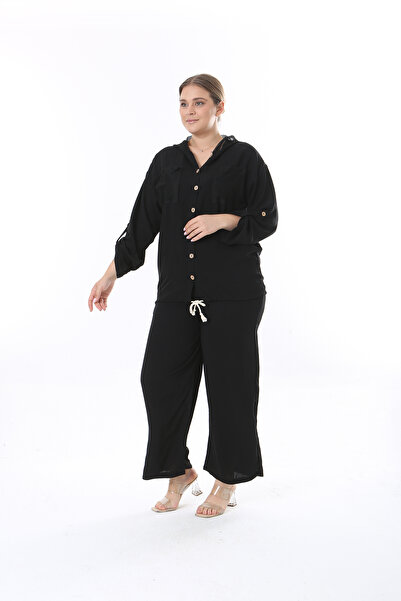 XL Modam Large Size Black Mesh Detailed Long Sleeve Folded Suit