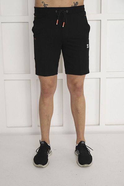 NEED LİFE Black Cotton Men's Shorts - Elastic Waist, Back Pocket, Orange Print Detail