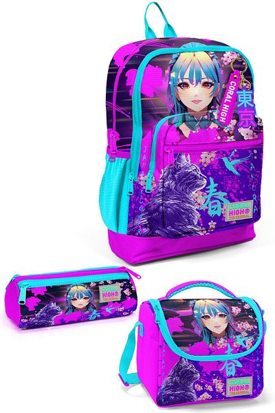 Coral High Geantă de școală din 3 piese cu model pisică anime violet roz - SET 0123753