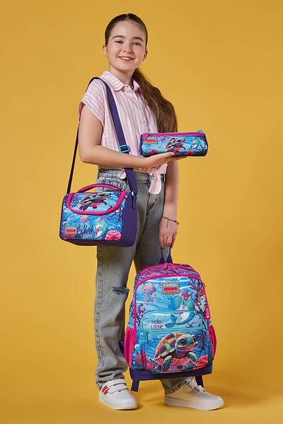 Coral High Pink Purple Turtle Patterned School Bag Set of 3 - SET0123756