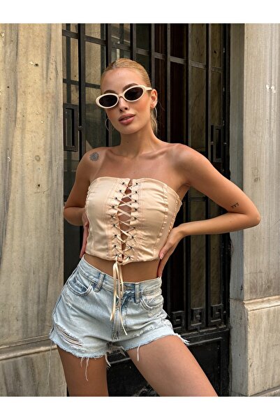 MY DEPO Σατέν Crop Μπλούζα - Λεπτομερής και Εμφάνιση Underwire