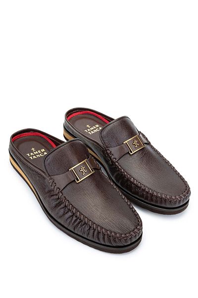Tamer Tanca Genuine Leather Men's Slippers - Brown, Flat Cut
