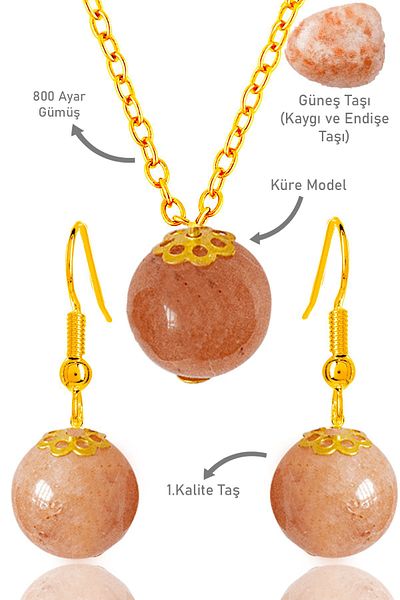 Tesbih Atölyesi Gold Globe Model - Sun Stone Necklace and Earring Set, Certified and Silver Apparatus