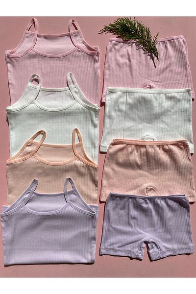 LEYNA BUTİK Girl's Corded Cotton Undershirt and Shorts Set - 4 Pieces, Rope Strap