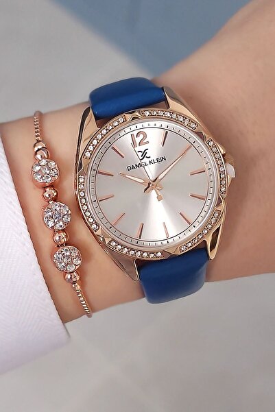 Daniel Klein Rose Gold Case Blue Leather Strap Women's Wristwatch, Zircon Stone Bracelet