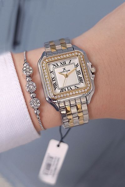 Daniel Klein Square Case Roman Numeral Gold/Metallic Women's Wristwatch - Zircon Stone Bracelet