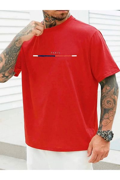 Black Sokak Red Pinstripe Paris Printed Oversize Men's T-Shirt - Crew Neck