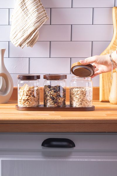 FH finehome Pienza 550Ml Capacity 3-Piece Glass Storage Set - With Acacia Lid