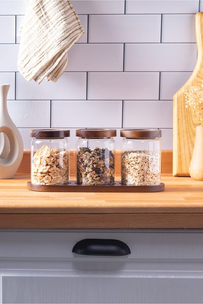 FH finehome Pienza 550Ml Capacity 3-Piece Glass Storage Set - With Acacia Lid