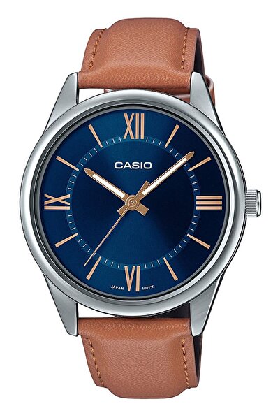 Casio Taba Leather Strap Navy Blue Dial Roman Number Men's Wristwatch