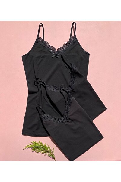 LEYNA BUTİK Atletă neagră pentru femei din dantela cu decolteu în V - set de ...