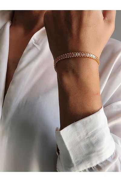 Eva Takı Waterway Gold Steel Bracelet - Baguette Model