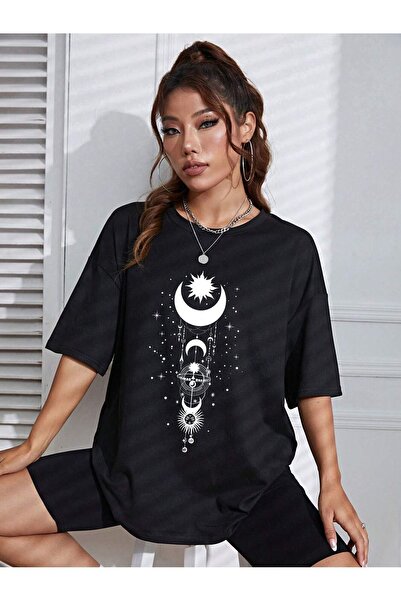 Boi Sun And Moon Serenity Design - Μαύρο και άσπρο υπερμεγέθη χτενισμένο βαμβακερό μπλουζάκι