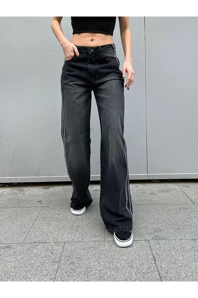 Köstebek Retro Vintage Style Black Washed Striped Baggy Jeans
